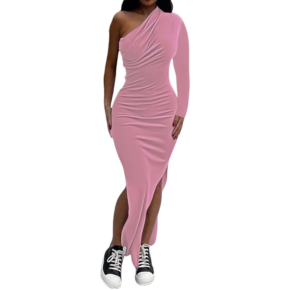 Womens Pink One‎ Shoulder Ribbed Knit Maxi Dress Long Sleeve Ruched Slit Small